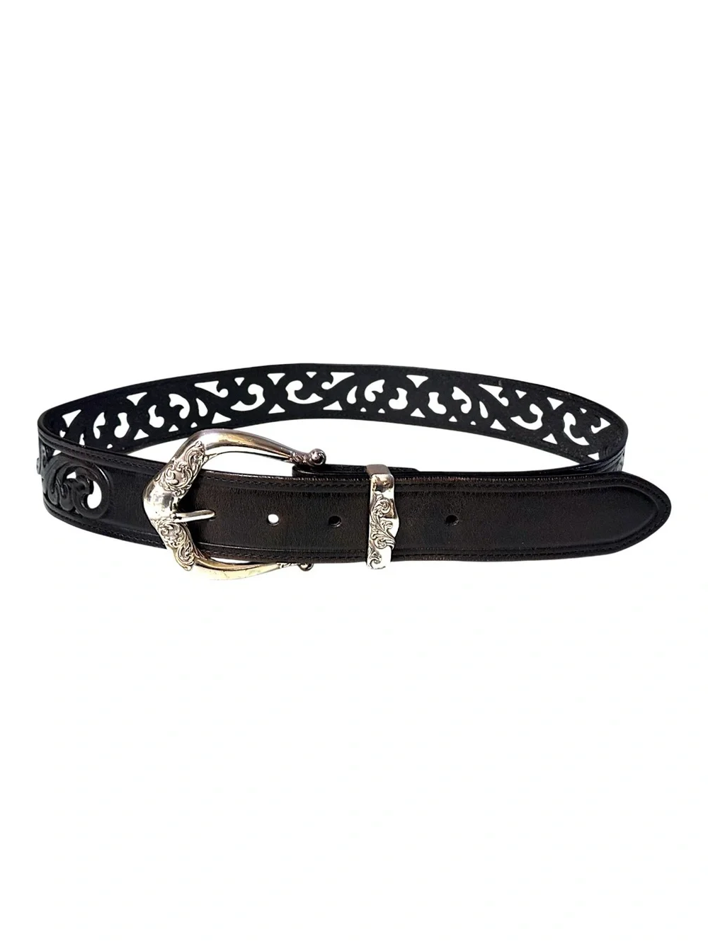 Brighton Black Pierced Leather Belt with Silver Western Buckle Sz L 34